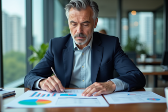 Homme d'affaires en costume examine des graphiques financiers