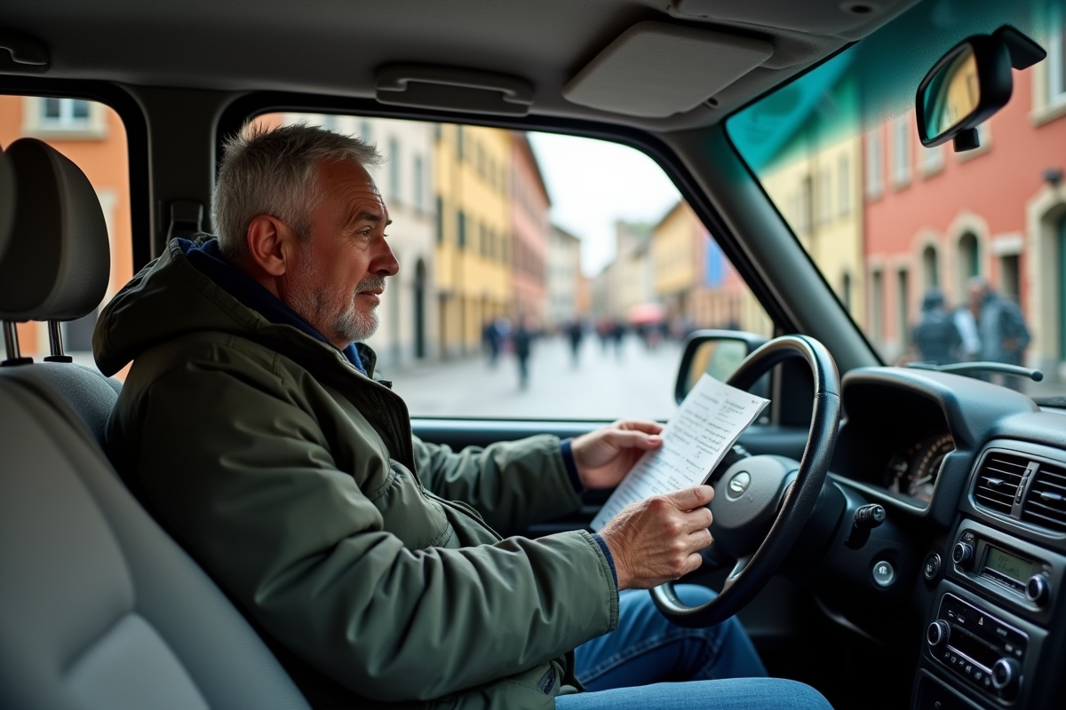 Homme regardant itinéraire dans une voiture ancienne