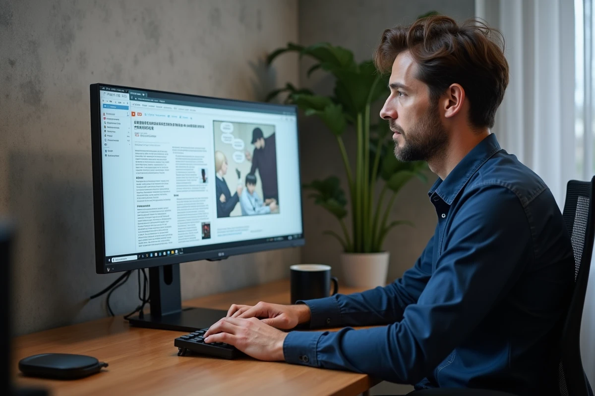 Homme adulte lisant le scan One Punch Man en VF sur un grand écran dans un bureau moderne minimaliste