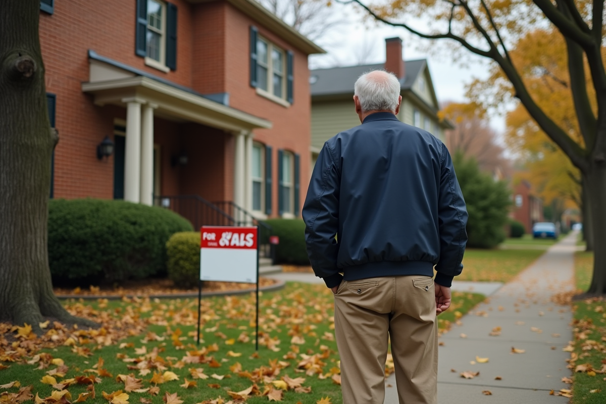 Homme âgé regardant une maison à vendre devant un pavillon