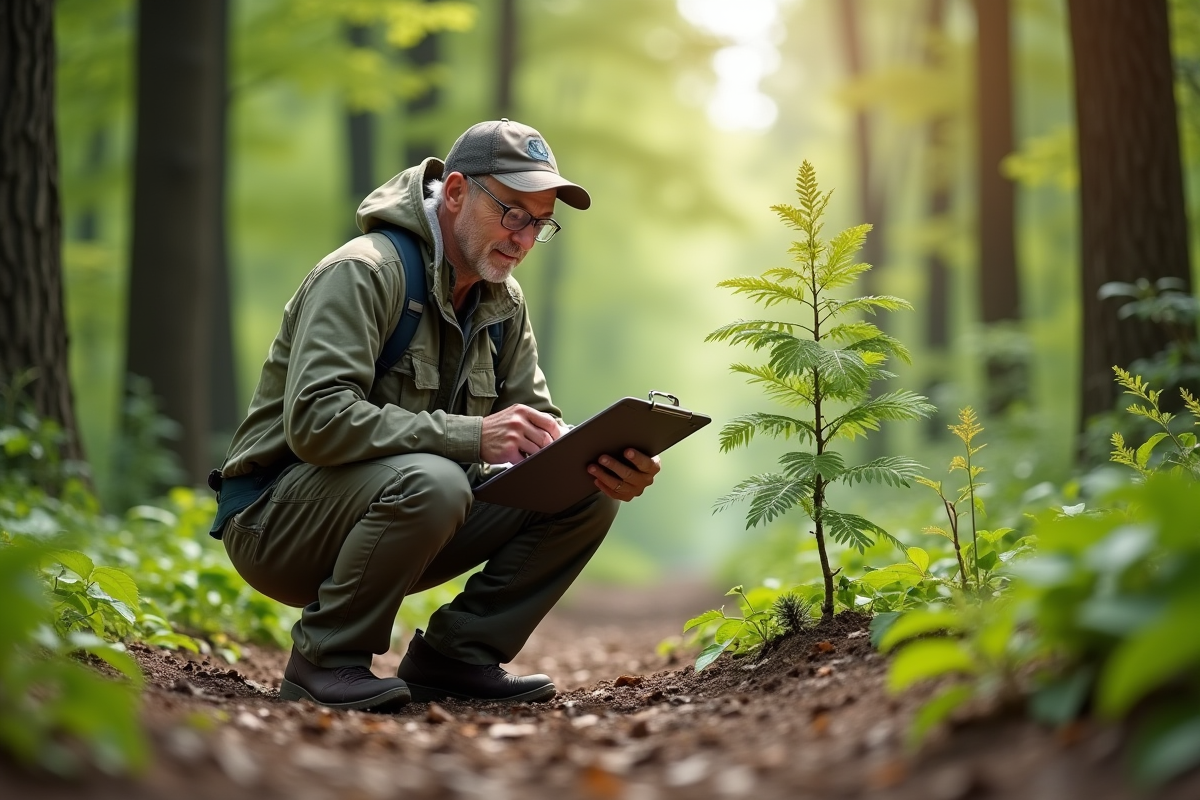 Homme en plein air examinant un jeune arbre dans la forêt