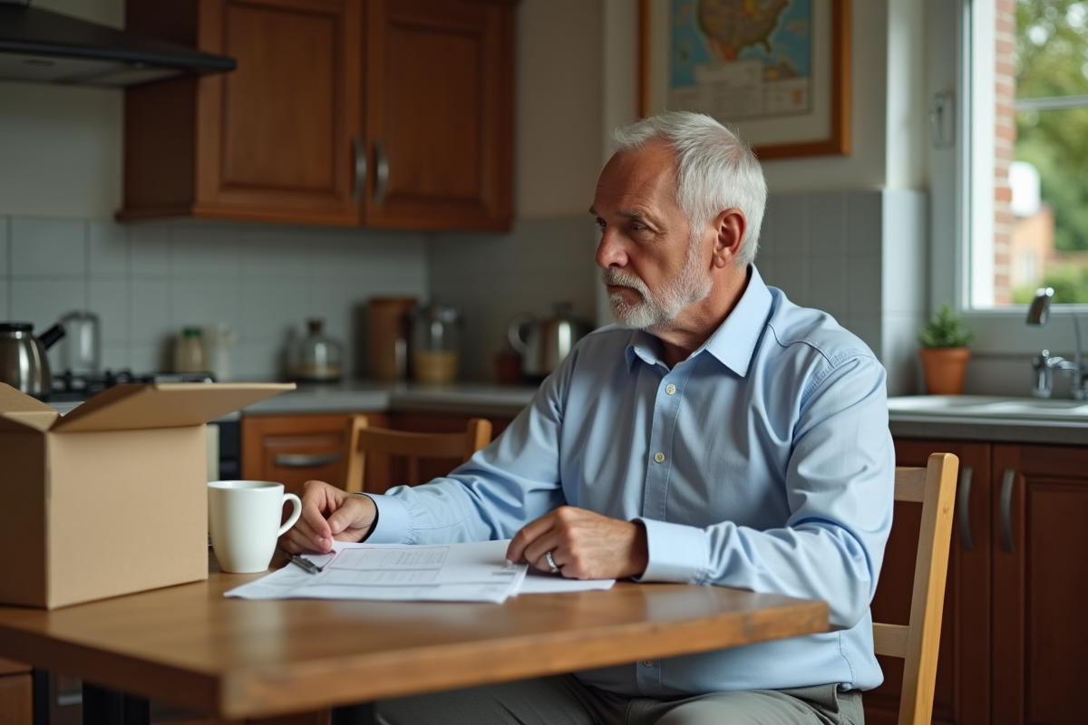 Homme français en intérieur examinant des papiers à la maison