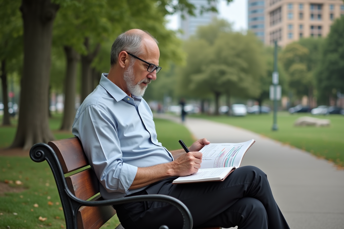 Homme lisant un guide de pension dans un parc urbain