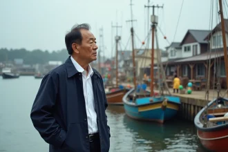Homme japonais en veste de travail sur le port de p&ecirc;che