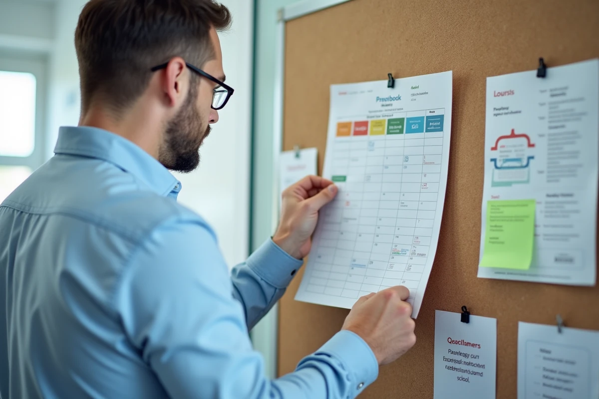 Homme en costume vérifie un planning hebdomadaire dans un bureau