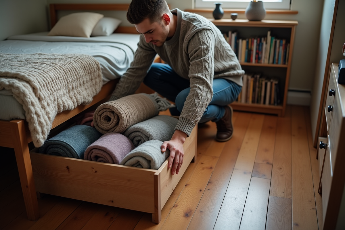 Jeune homme range des pulls dans des boîtes sous le lit