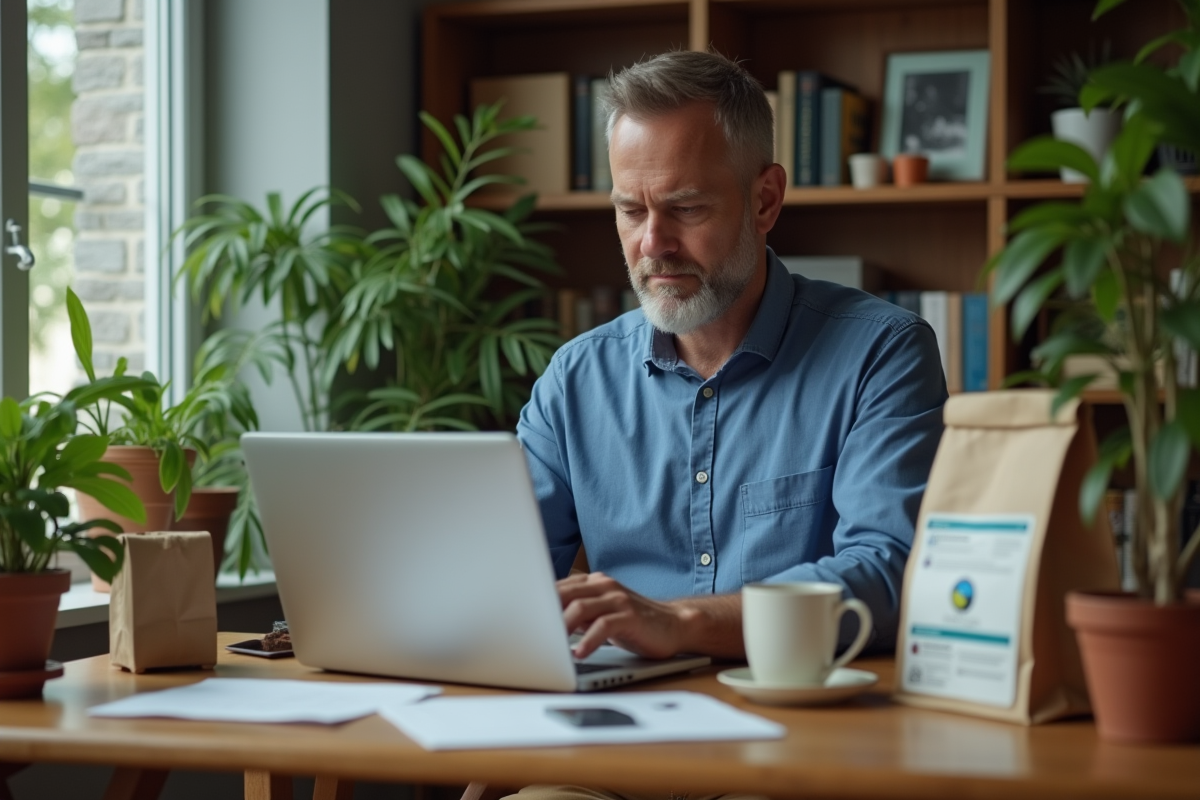 Homme recherchant des certifications éthiques sur son ordinateur