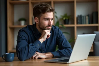Homme en réflexion avec ordinateur portable dans un salon cosy