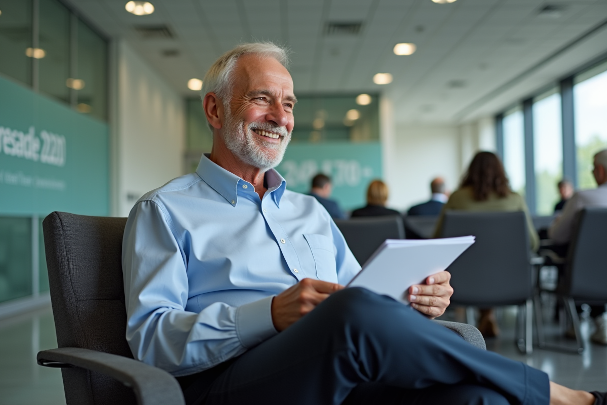 Homme senior souriant en attente dans un bureau officiel