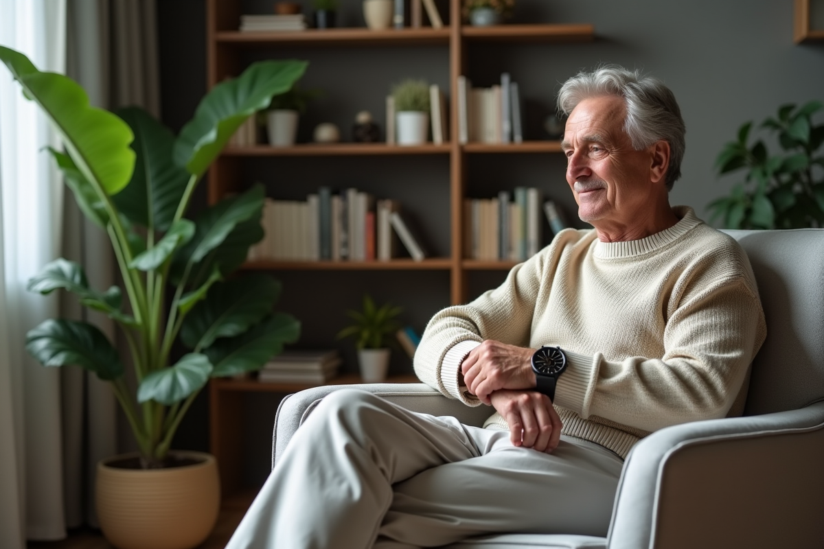 Homme âgé regardant sa montre dans un salon moderne