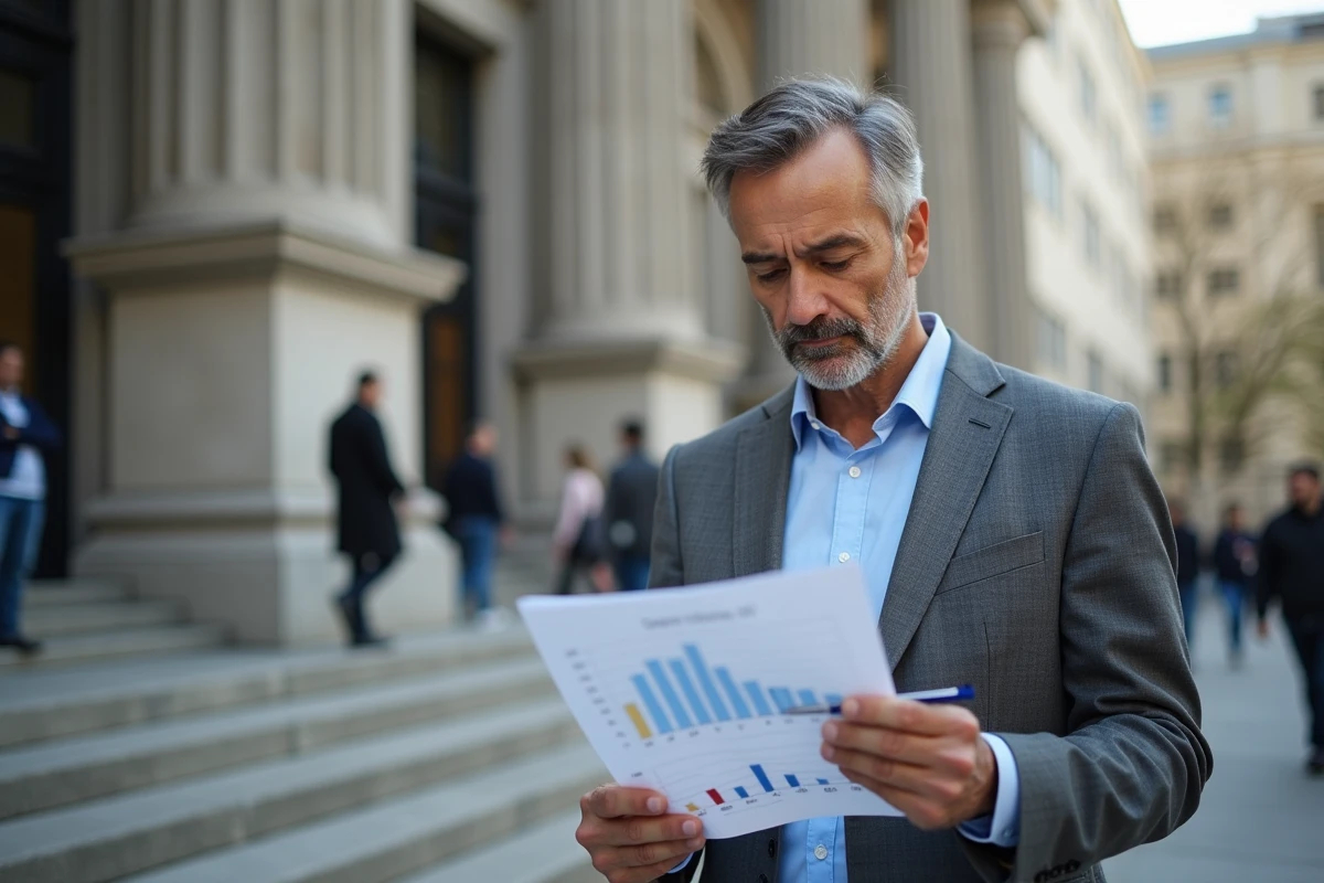 Homme en costume devant un bâtiment administratif urbain