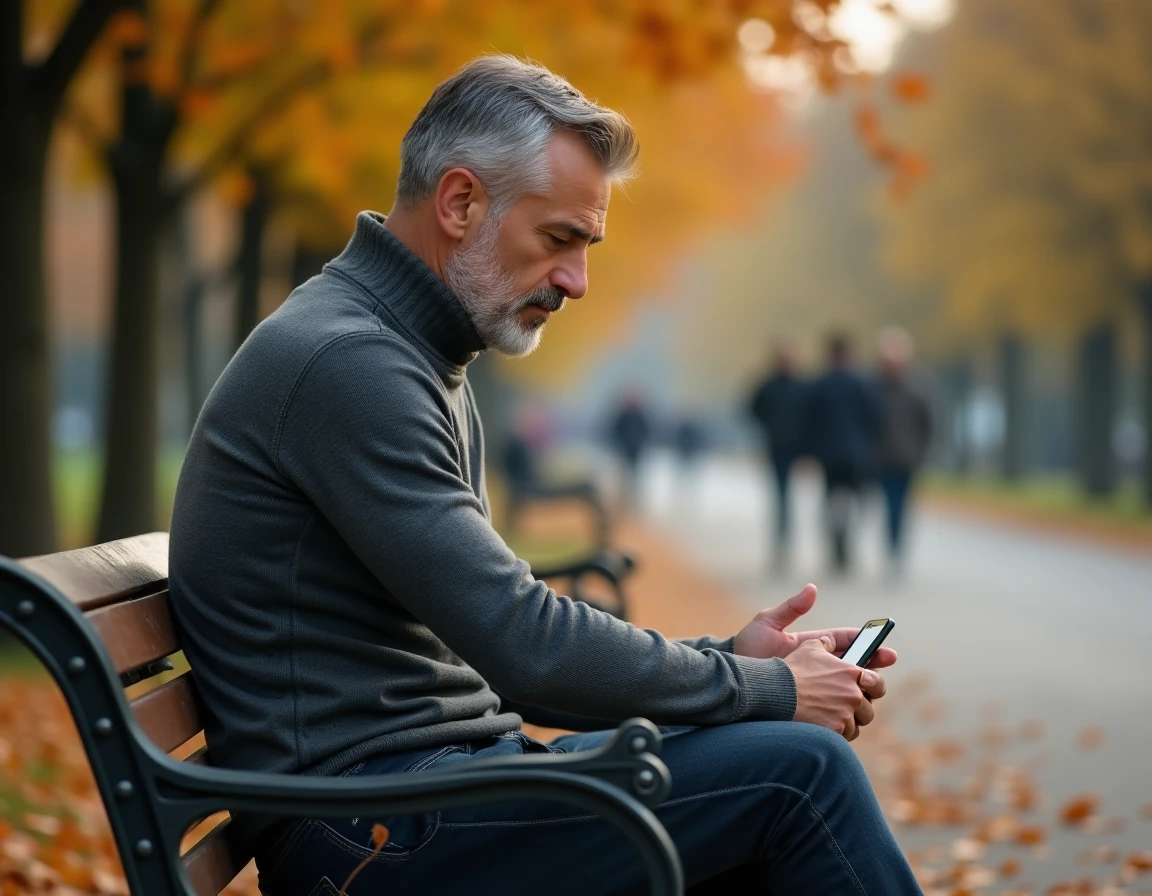 Homme seul dans un parc consultant une application de rencontre sur son téléphone, reflétant l'incertitude des relations éphémères en ligne