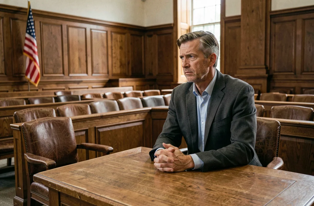 Homme seul dans une salle d'audience vide, regard pensif vers le banc des jurés, ambiance de tension morale dans un tribunal américain