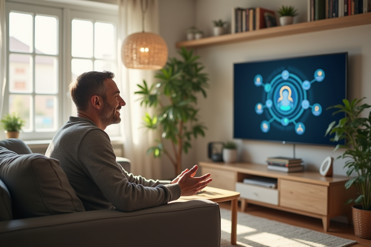 Homme souriant interagissant avec un assistant virtuel à la maison