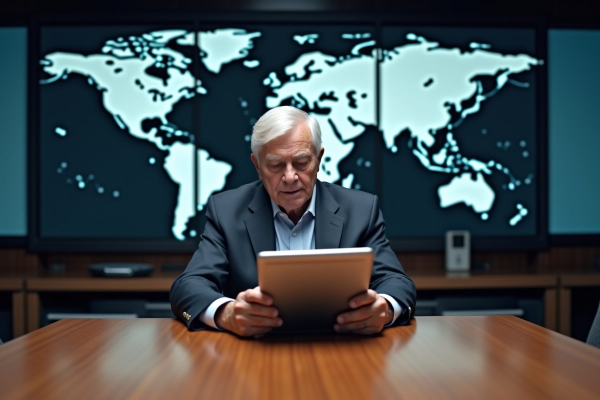Homme en costume dans une salle de contrôle moderne