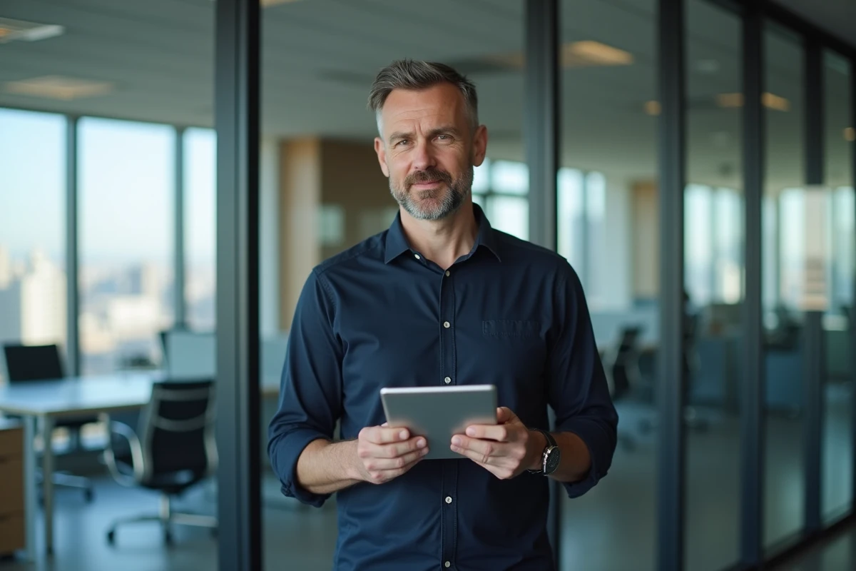 Homme d'affaires utilisant une tablette pour effectuer une recherche inversée de numéro dans un bureau moderne