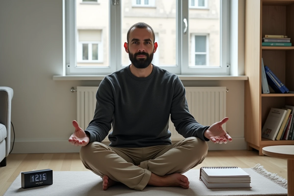 Homme assis sur un tapis de prière dans un appartement moderne à Reims avec un planning hebdomadaire posé à côté