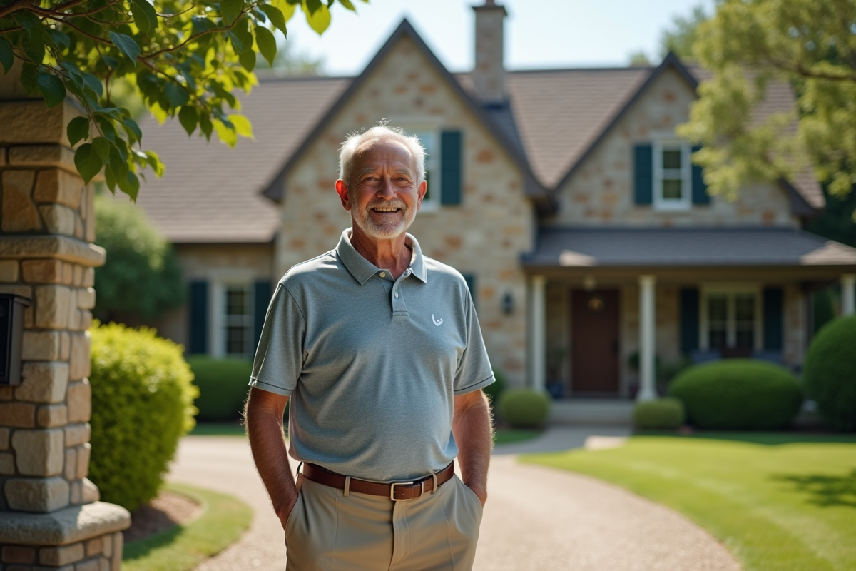 Homme retraité devant une maison en pierre avec courrier