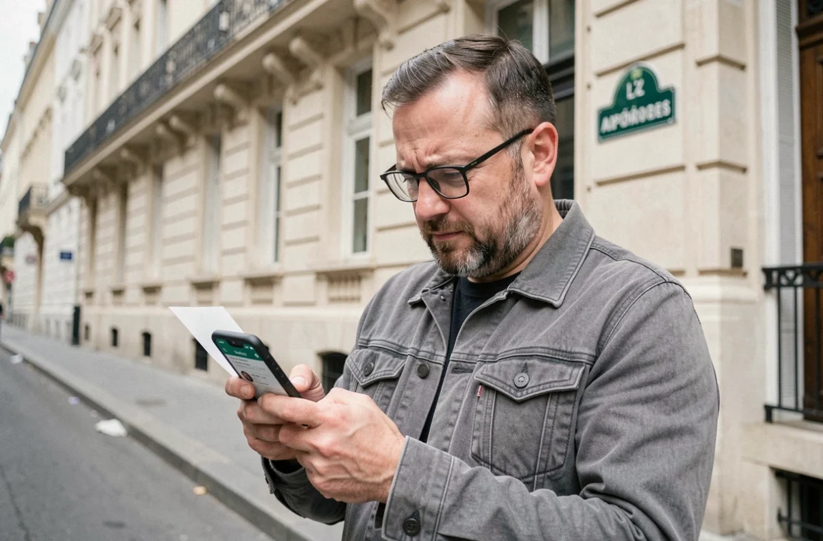 Homme consultant son téléphone devant un immeuble haussmannien à Paris pour vérifier une adresse de livraison