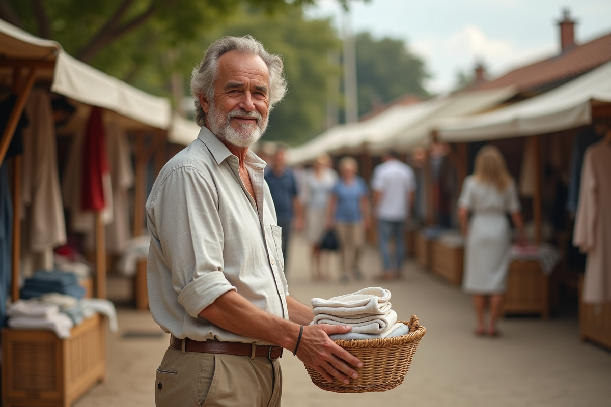 Homme souriant tenant un panier de vêtements éco-responsables en marché