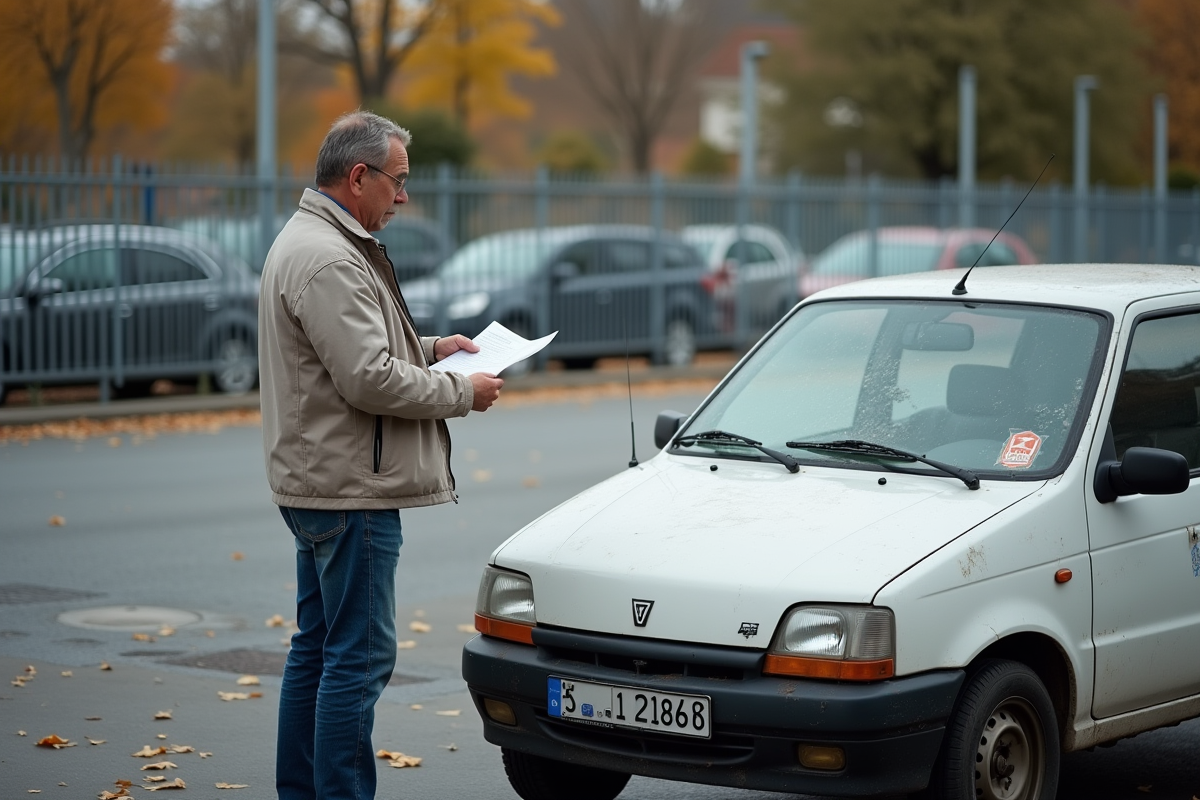 Homme d'âge moyen examine documents près d'une voiture réparée