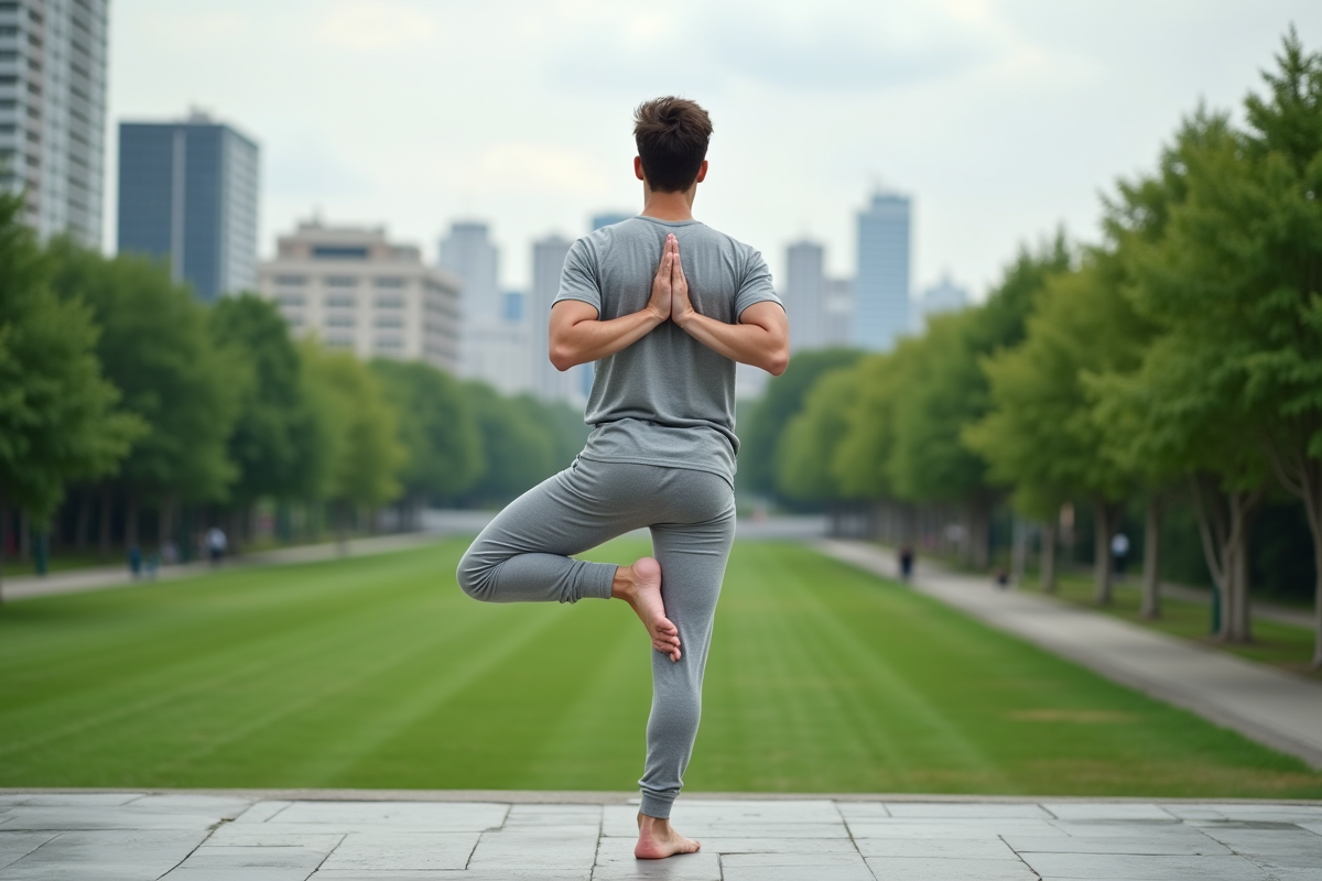 Jeune homme en posture de yoga sur terrasse urbaine verte