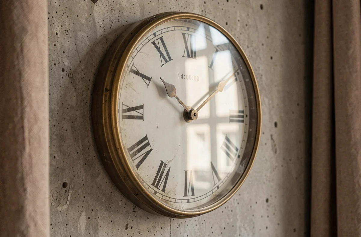 Horloge murale analogique dans un appartement parisien affichant 14h00, illustrant le fuseau horaire GMT+2 et l'heure de Paris