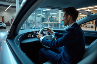Jeune ingénieur examine un tableau holographique dans une voiture futuriste