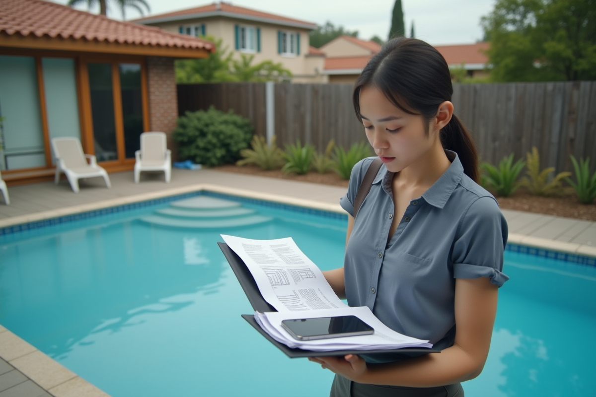 Jeune femme inspectrice vérifiant piscine en ville