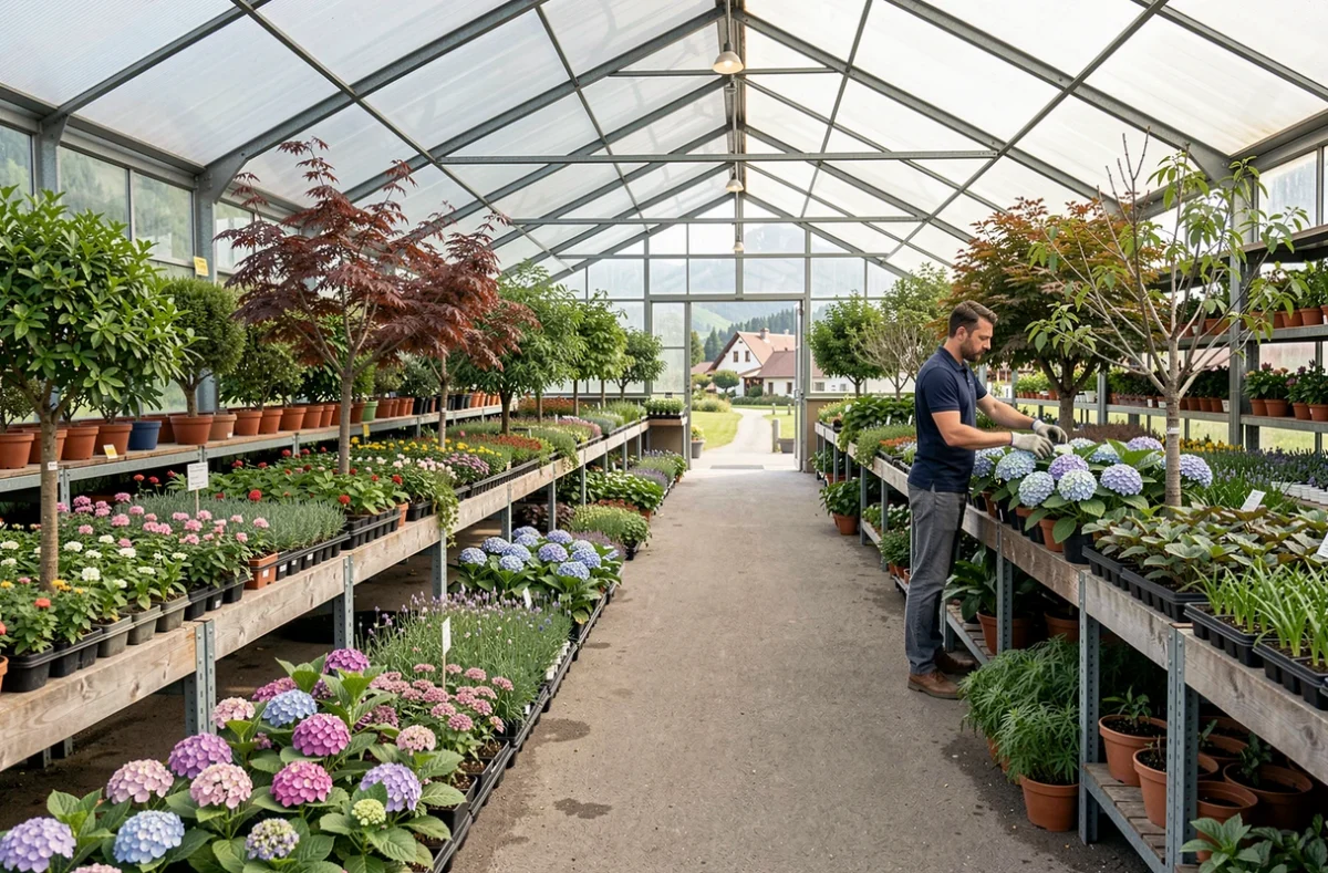 Jardinerie Jurassienne avec ses allées de plantes en pot, fleurs de saison et arbustes ornementaux sous une grande serre, avec un employé au travail