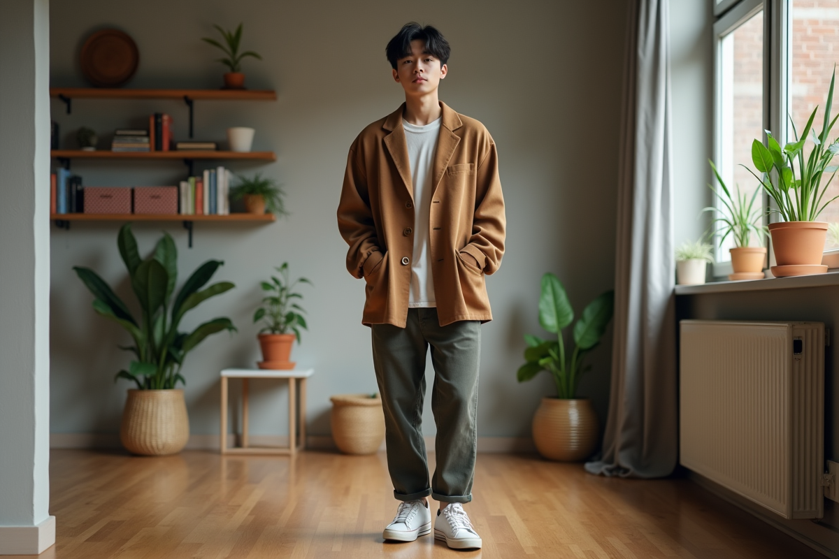 Jeune adulte en blazer décontracté dans un appartement moderne