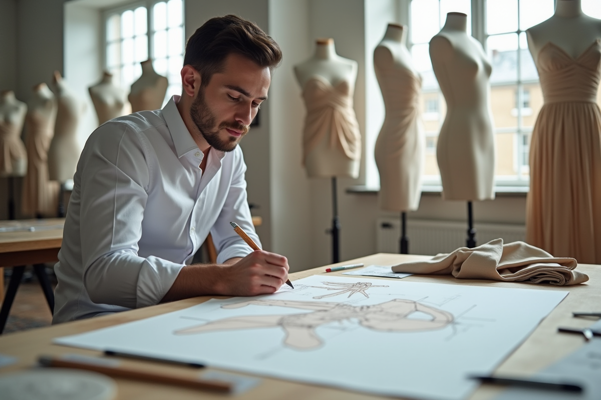 Jeune designer mode esquissant des concepts dans son atelier
