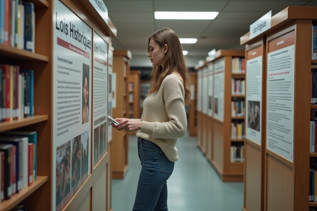 Jeune femme française consulte une affiche sur la loi dans une bibliothèque