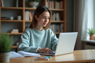 Jeune femme concentrée sur son ordinateur dans un bureau cosy