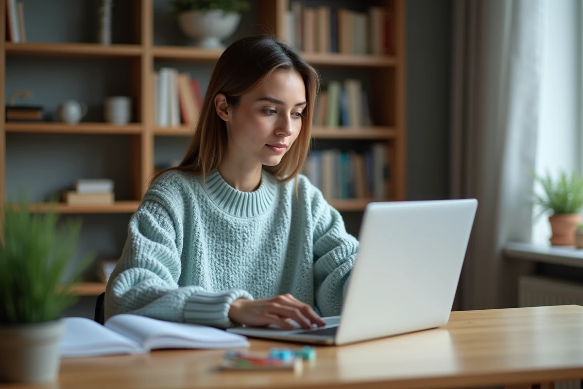 Jeune femme concentrée sur son ordinateur dans un bureau cosy