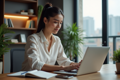Jeune femme concentrée travaillant sur son ordinateur dans un bureau moderne