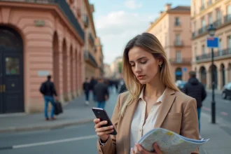 Jeune femme consultant un plan de Toulouse devant des immeubles en briques roses lors de sa recherche de premier emploi