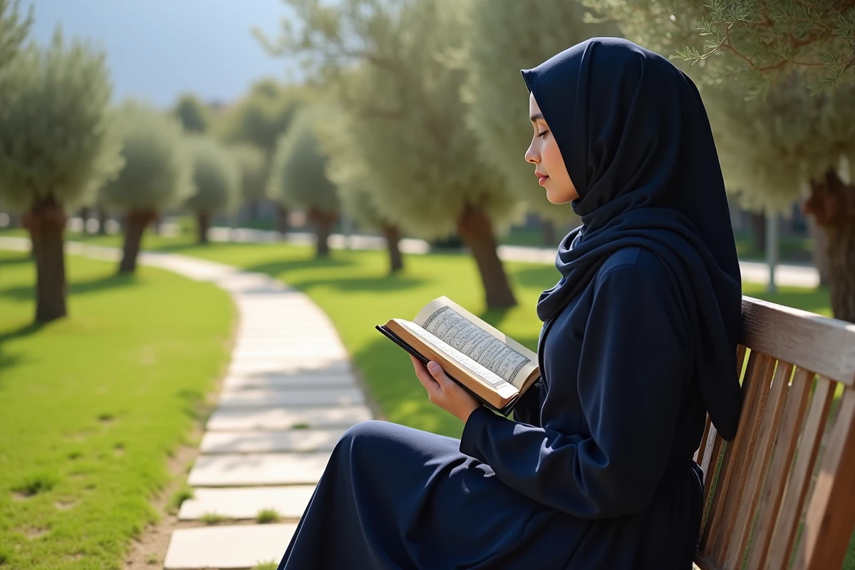Jeune femme r&eacute;citant Quran dans un jardin ensoleille