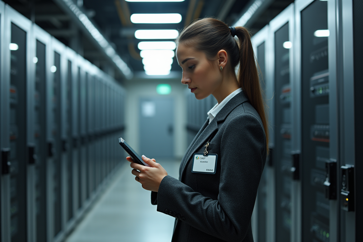 Jeune femme en blazer dans une salle serveurs avec badge et smartphone