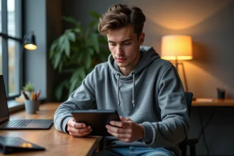 Jeune homme concentr&eacute; jouant &agrave; Clash of Clans sur tablette