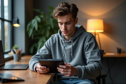 Jeune homme concentré jouant à Clash of Clans sur tablette