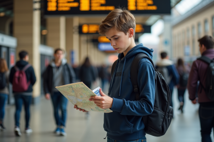 Garçon de 13 ans vérifiant une carte à la gare