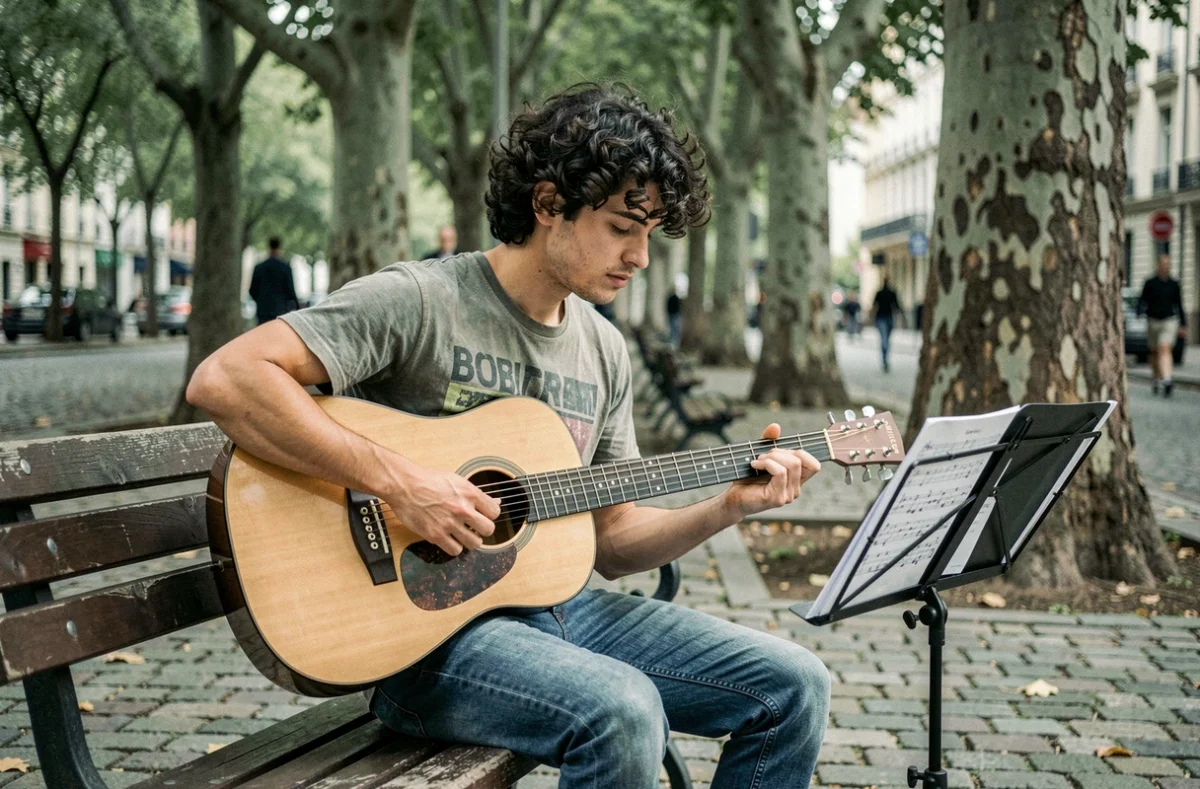 Jeune homme jouant de la guitare fingerstyle depuis une partition sur pupitre portable dans un parc urbain aux arbres matures
