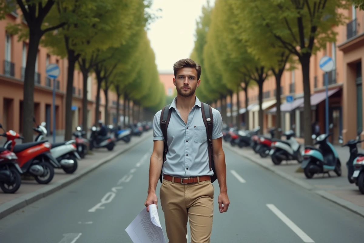 Jeune homme marchant sur un boulevard de Toulouse avec ses documents d'entretien d'embauche pour son premier emploi