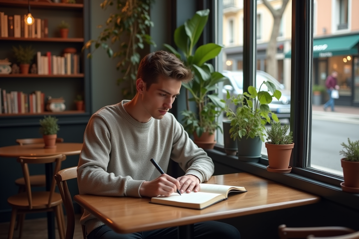 Jeune homme lisant dans un cafe cosy