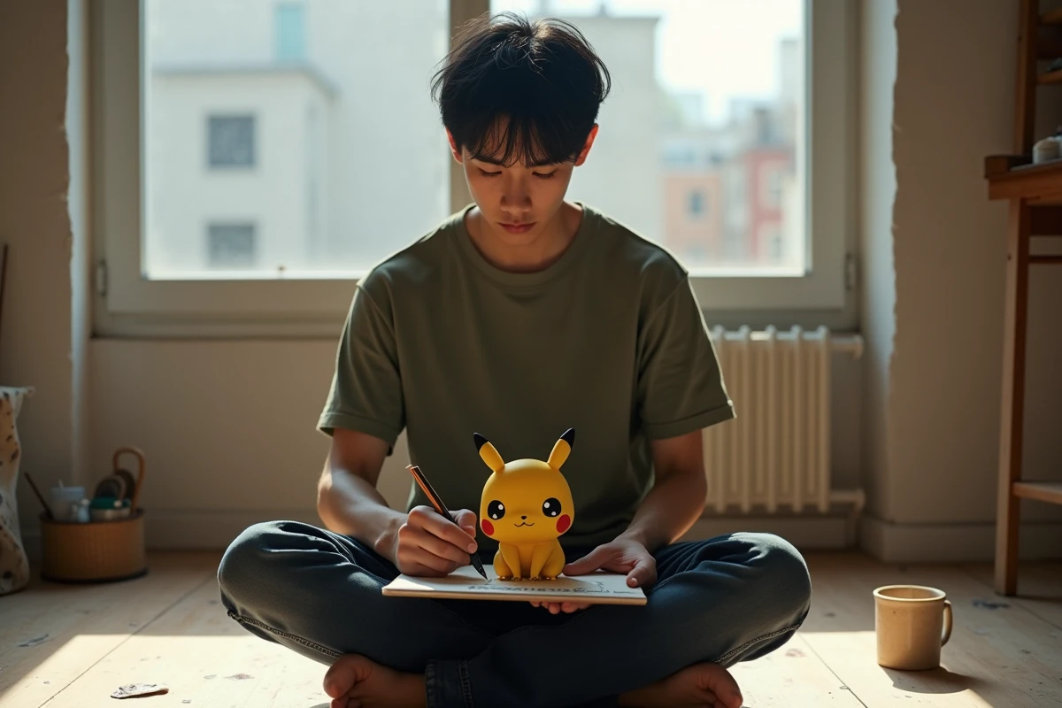 Jeune homme dessinant Mew au crayon dans un studio d'art épuré, assis en tailleur sur un parquet teinté