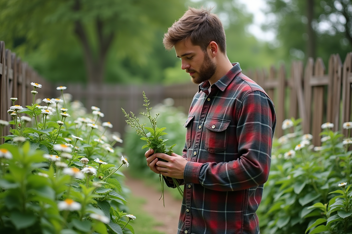 Jeune homme examinant des herbes dans le jardin