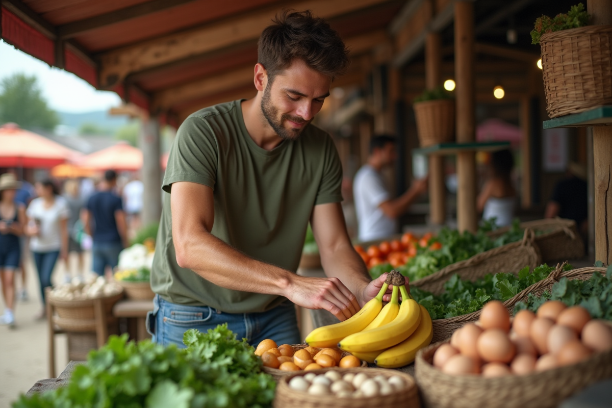 Jeune homme choisissant des bananes au marché fermier