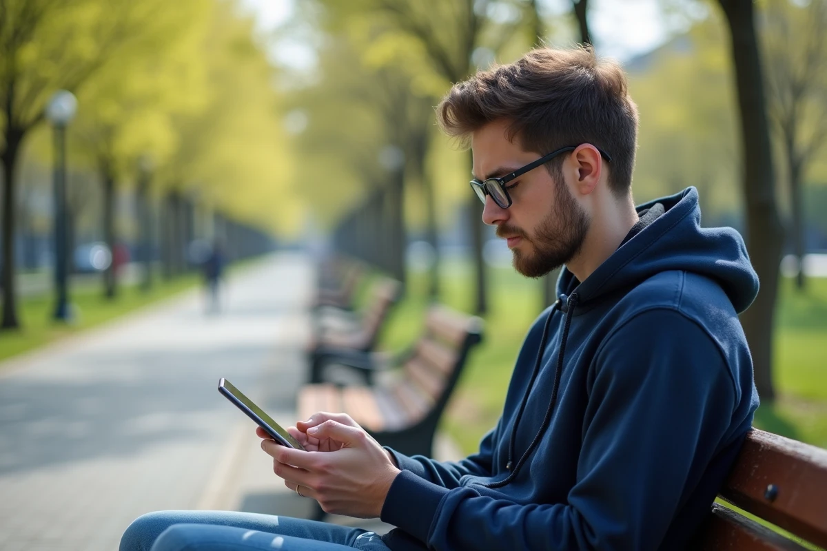 Jeune homme au parc regardant son smartphone