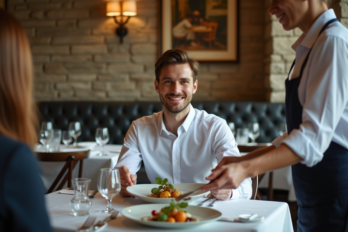 Jeune homme recevant un plat dans un restaurant moderne